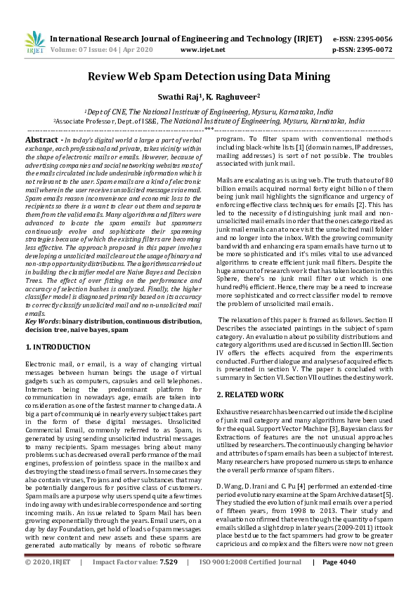 (PDF) IRJET- Review Web Spam Detection using Data Mining