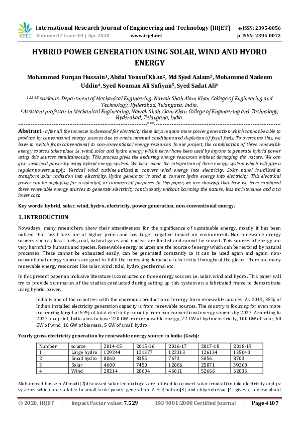 (PDF) IRJET- HYBRID POWER GENERATION USING SOLAR, WIND AND HYDRO ENERGY