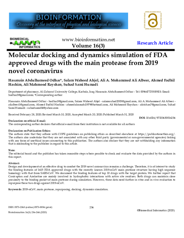 (PDF) Volume 16(3) Molecular docking and dynamics simulation of FDA ...