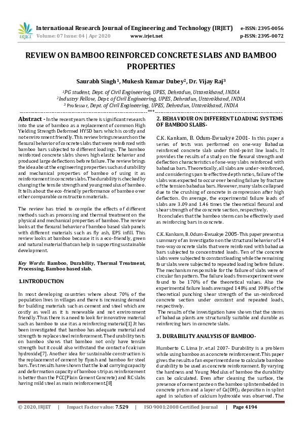 Pdf Irjet Review On Bamboo Reinforced Concrete Slabs And Bamboo Pdf Irjet Review On Bamboo Reinforced Concrete Slabs And Bamboo
