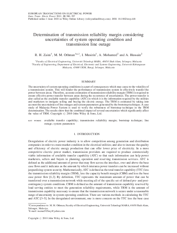 (PDF) Determination of transmission reliability margin considering uncertainties of system