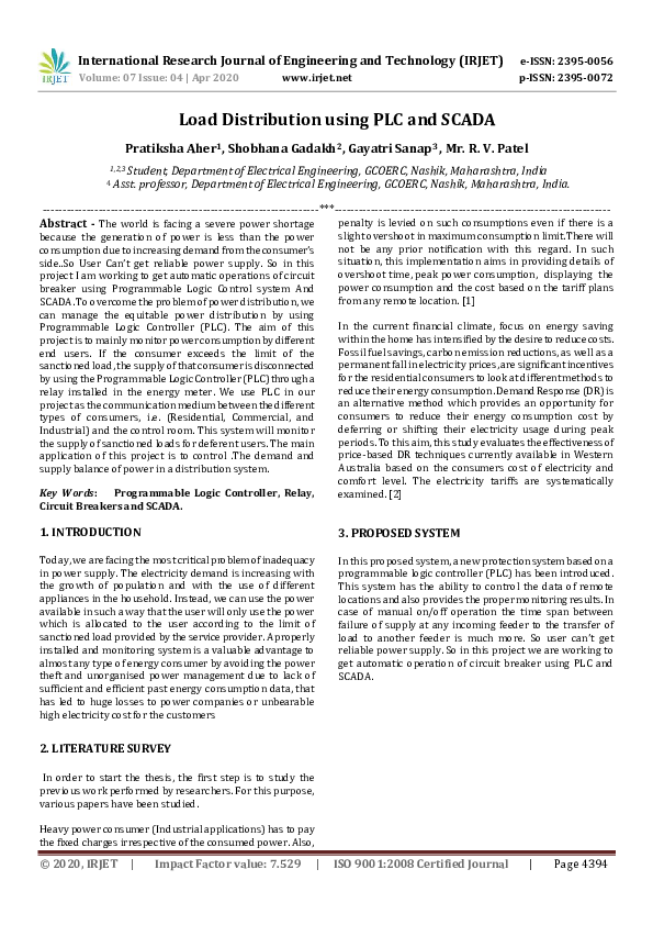 (PDF) IRJET- Load Distribution using PLC and SCADA