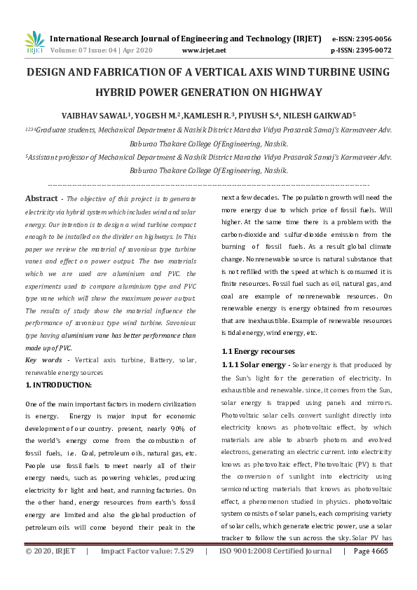(PDF) IRJET- DESIGN AND FABRICATION OF A VERTICAL AXIS WIND TURBINE ...