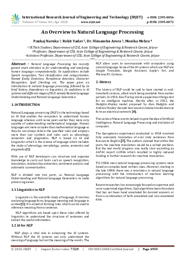 (PDF) IRJET- An Overview to Natural Language Processing