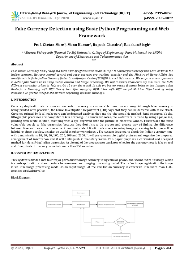 (PDF) IRJET Fake Currency Detection using Basic Python Programming and