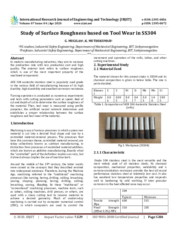 (PDF) IRJET- Study of Surface Roughness based on Tool Wear in SS304