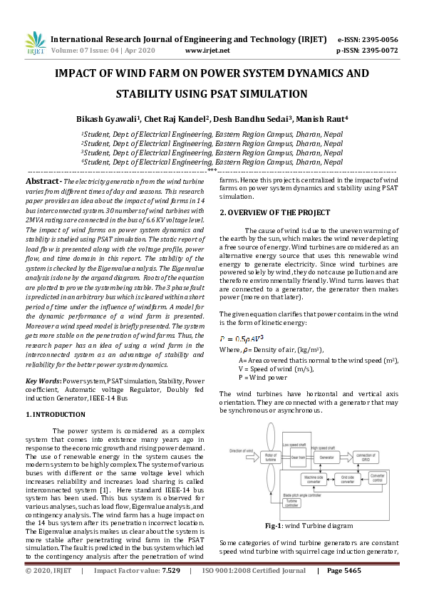 (PDF) IRJET- IMPACT OF WIND FARM ON POWER SYSTEM DYNAMICS AND STABILITY ...