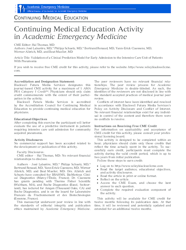 (PDF) Validation of a Clinical Prediction Model for Early Admission to ...