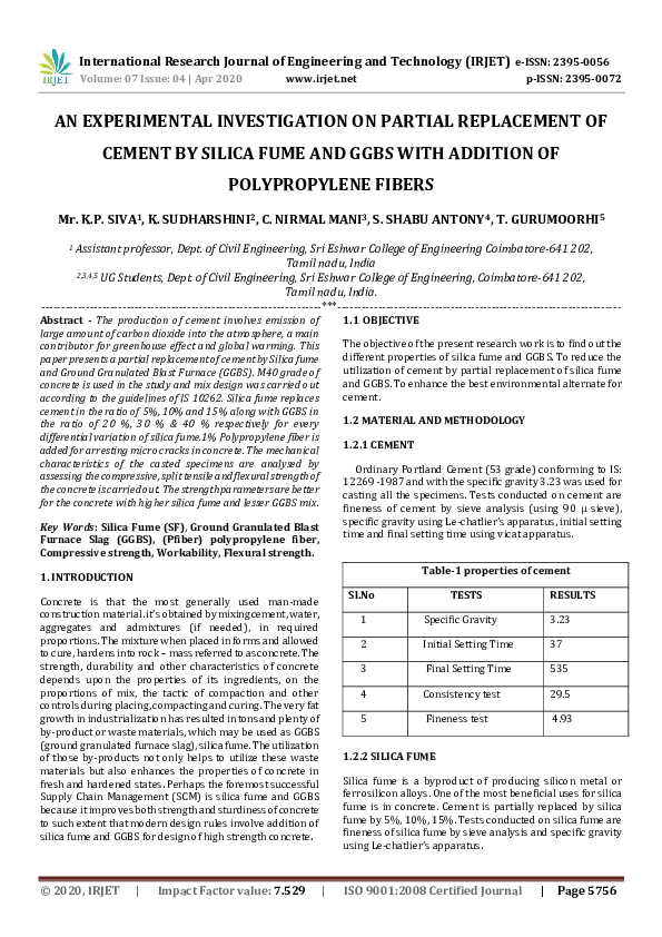 (PDF) IRJET- AN EXPERIMENTAL INVESTIGATION ON PARTIAL REPLACEMENT OF ...