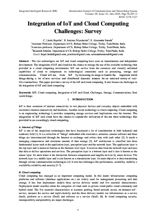 (PDF) Integration of IoT and Cloud Computing Challenges: Survey