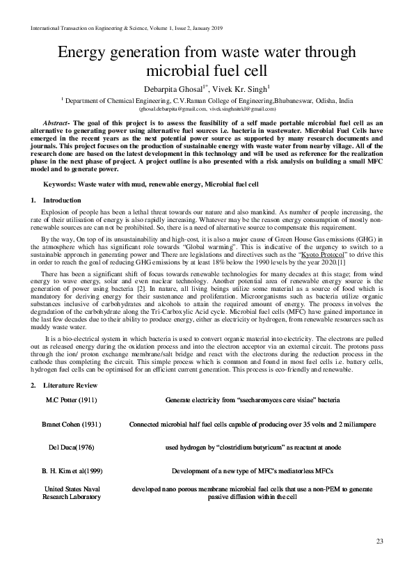 (PDF) Energy generation from waste water through microbial fuel cell