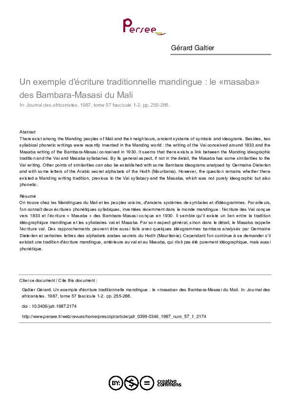 (PDF) Un exemple d'écriture traditionnelle mandingue : le «masaba» des ...