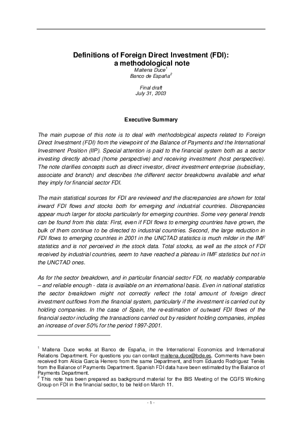 (PDF) Definitions of Foreign Direct Investment (FDI): a methodological note