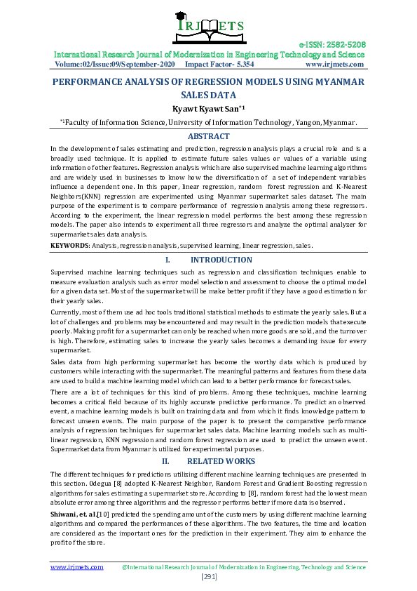 (PDF) PERFORMANCE ANALYSIS OF REGRESSION MODELS USING MYANMAR SALES DATA