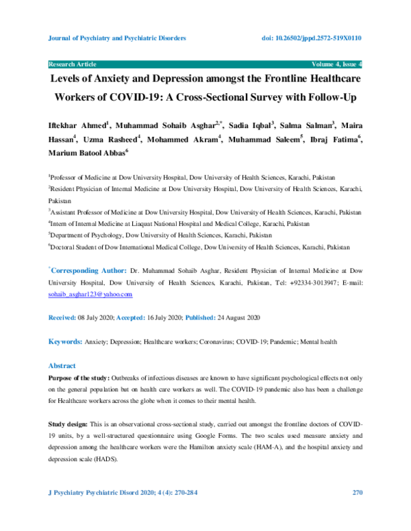 (PDF) Levels of anxiety and depression amongst the frontline healthcare ...
