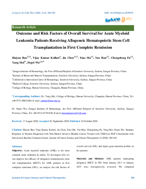(PDF) Outcome and Risk Factors of Overall Survival for Acute Myeloid ...