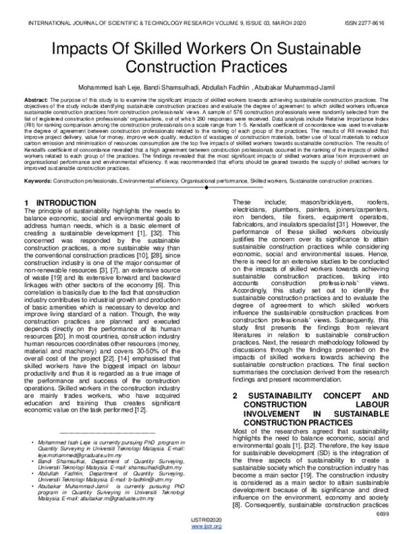 (PDF) Impacts Of Skilled Workers On Sustainable Construction Practices
