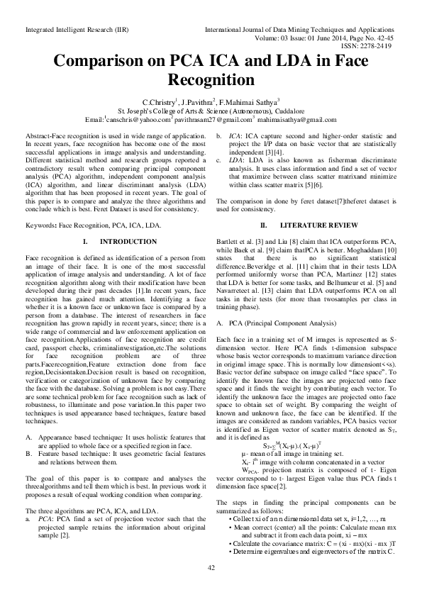 (PDF) Comparison on PCA ICA and LDA in Face Recognition | ijdmta iir ...