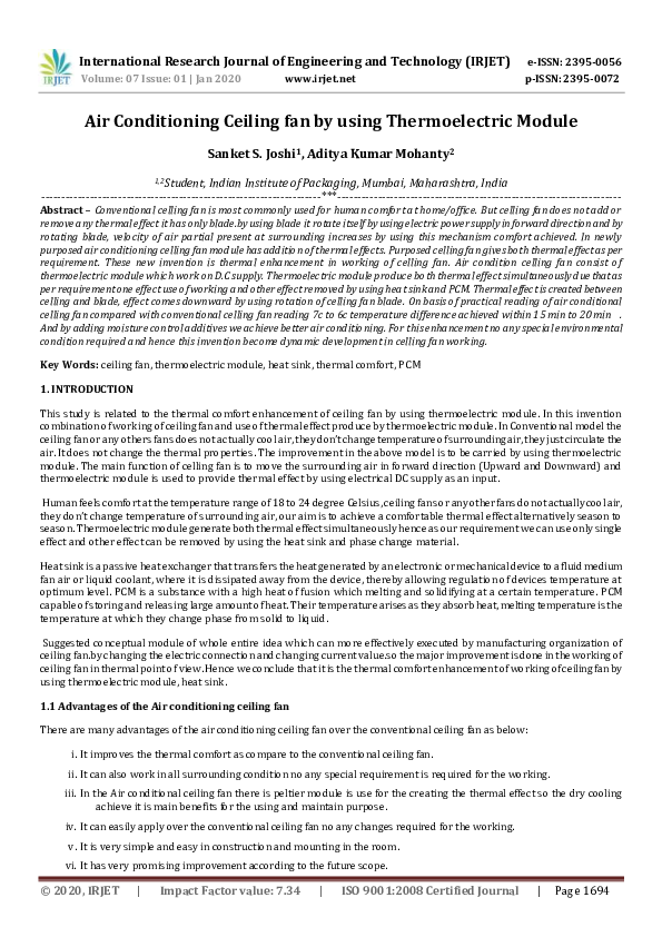 (PDF) IRJET Air Conditioning Ceiling fan by using Thermoelectric