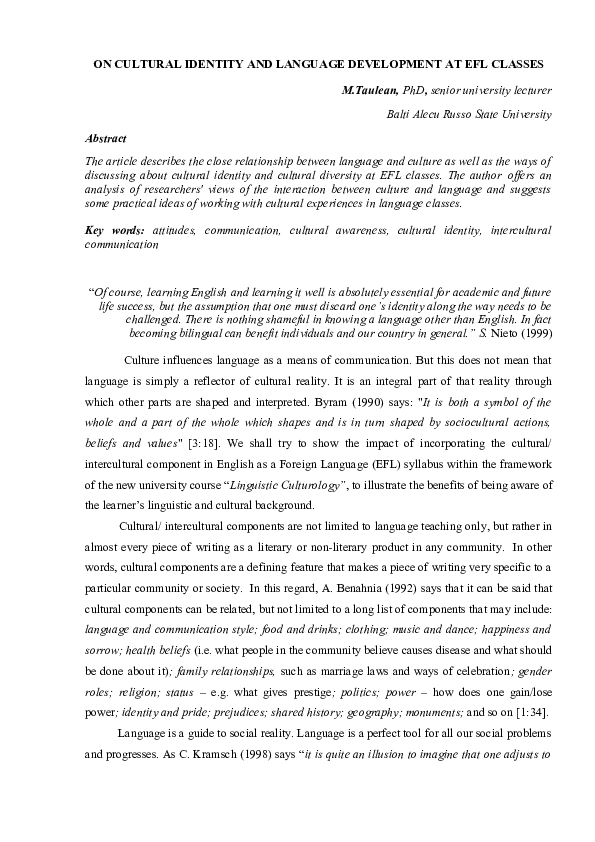 (DOC) ON CULTURAL IDENTITY AND LANGUAGE DEVELOPMENT AT EFL CLASSES