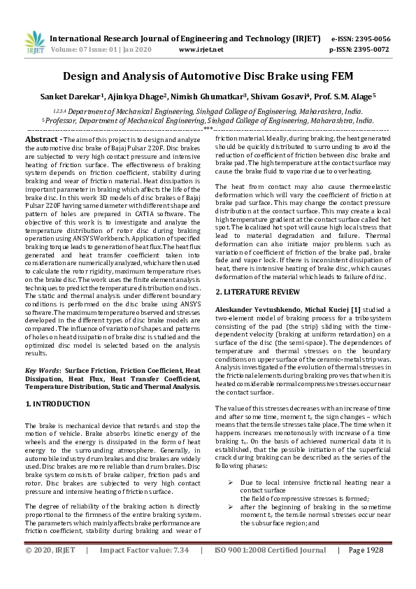 (PDF) IRJET- Design and Analysis of Automotive Disc Brake using FEM