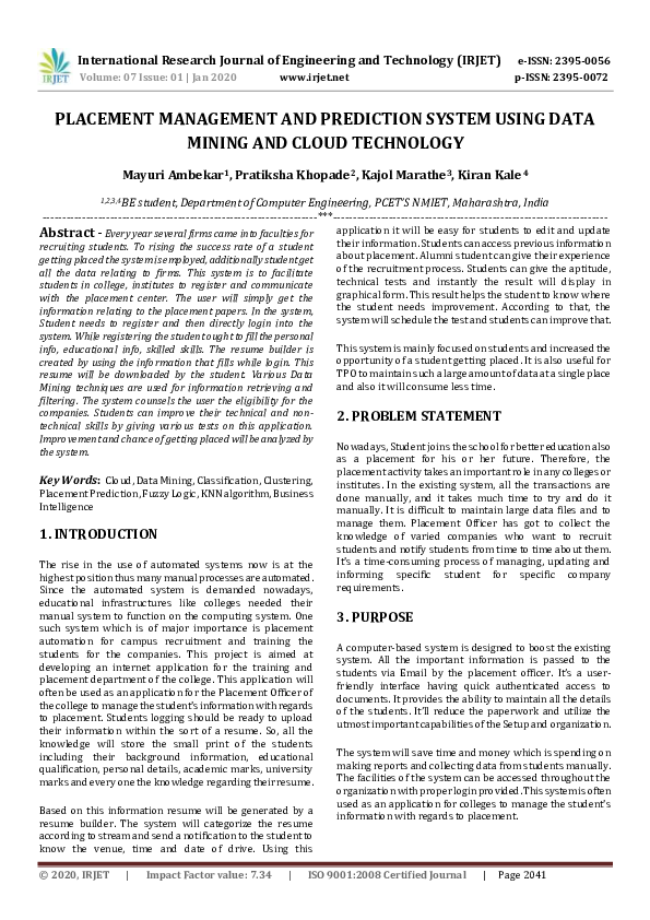 (PDF) IRJET- PLACEMENT MANAGEMENT AND PREDICTION SYSTEM USING DATA ...