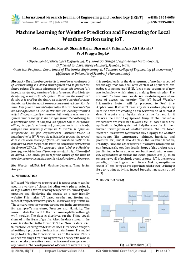 (PDF) IRJET- Machine Learning for Weather Prediction and Forecasting ...
