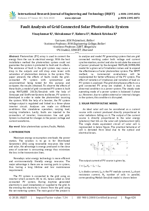 (PDF) IRJET- Fault Analysis of Grid Connected Solar Photovoltaic System
