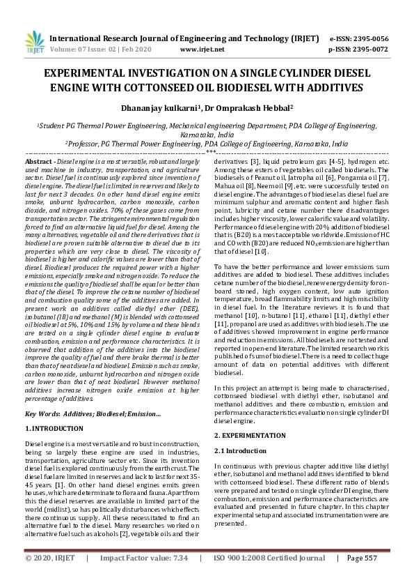 (PDF) IRJET- EXPERIMENTAL INVESTIGATION ON A SINGLE CYLINDER DIESEL ...