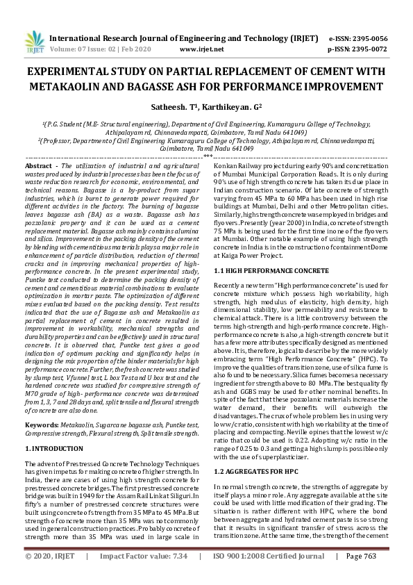 (PDF) IRJET- EXPERIMENTAL STUDY ON PARTIAL REPLACEMENT OF CEMENT WITH ...