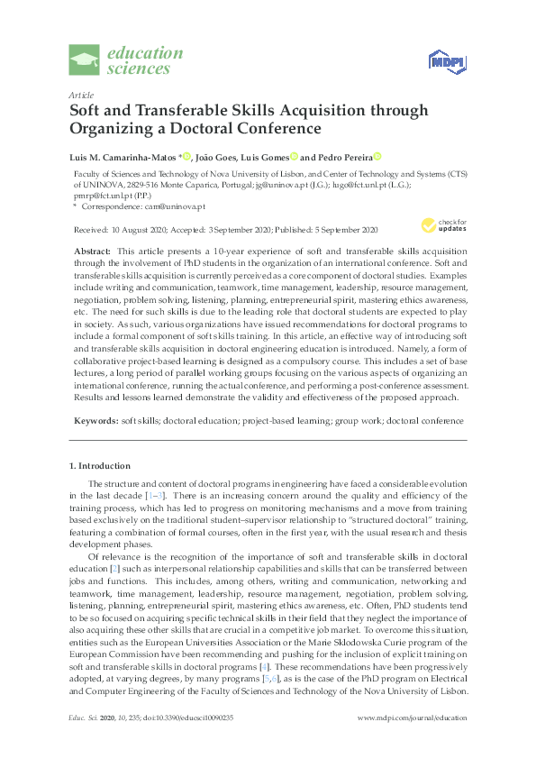 Pdf Soft And Transferable Skills Acquisition Through Organizing A Doctoral Conference Luis M Camarinha Matos And Jo Xe3 O Goes Academia Edu
