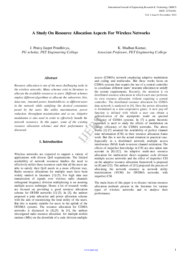 (PDF) IJERT-A Study On Resource Allocation Aspects For Wireless Networks