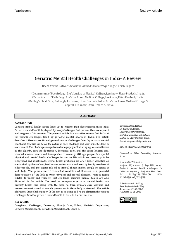 (PDF) Geriatric Mental Health Challenges in India: A Review