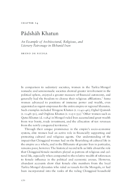 Pādshāh Khatun: An Example of Architectural, Religious, and Literary Patronage in Ilkhanid Iran