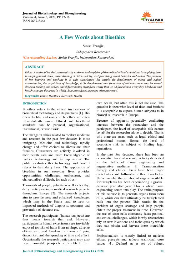 (PDF) A Few Words about Bioethics