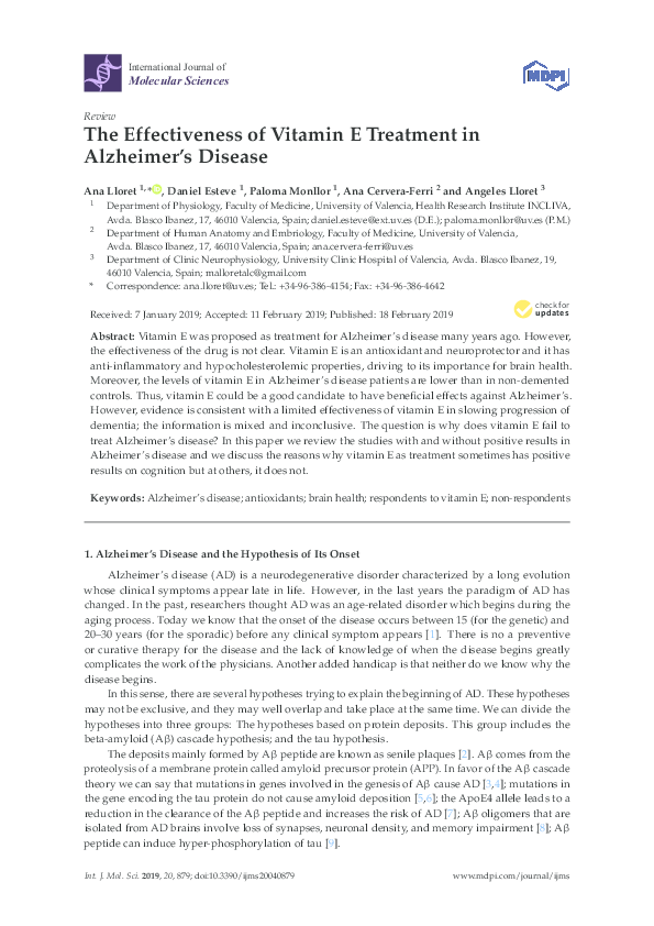 (PDF) The Effectiveness of Vitamin E Treatment in Alzheimer's Disease Ana Cervera Ferri
