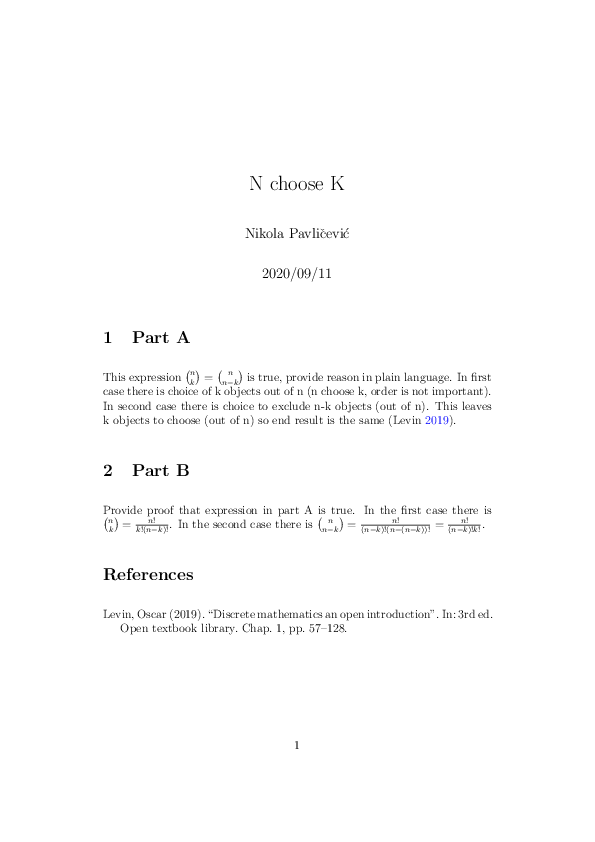 (PDF) discrete math - simple proof of N choose K