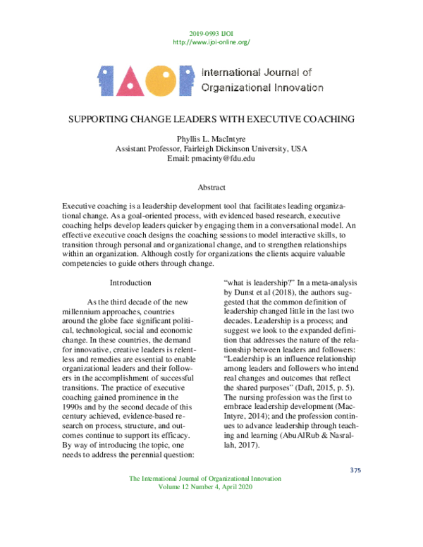 (PDF) SUPPORTING CHANGE LEADERS WITH EXECUTIVE COACHING