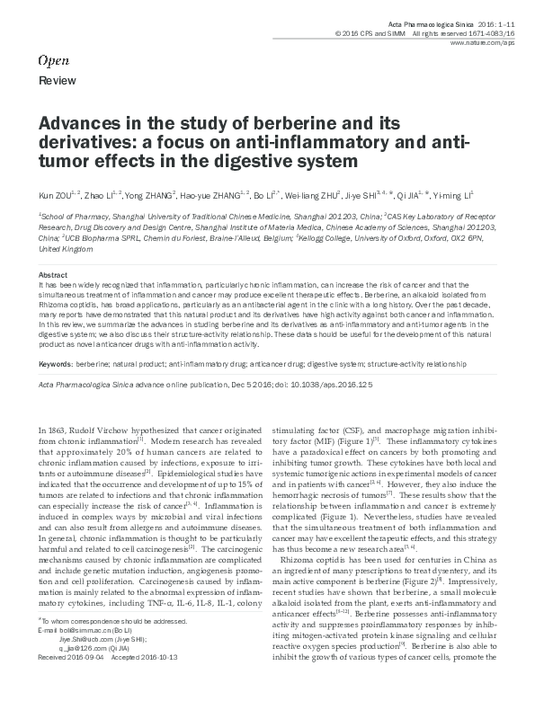 (PDF) Advances in the study of berberine and its derivatives: a focus ...