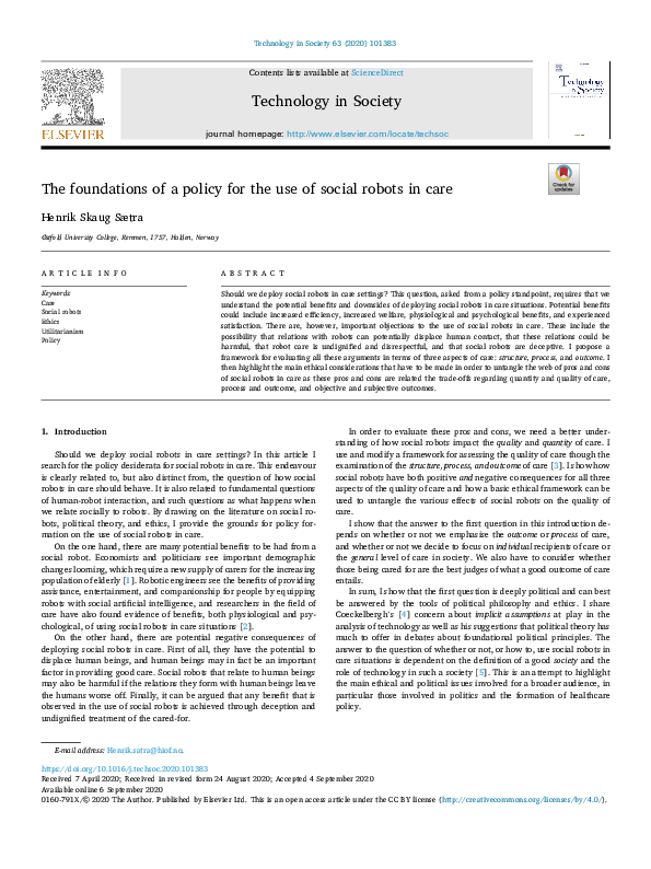 (PDF) The foundations of a policy for the use of social robots in care