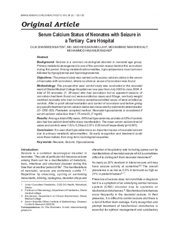 (PDF) Serum Calcium Status of Neonates with Seizure in a Tertiary Care