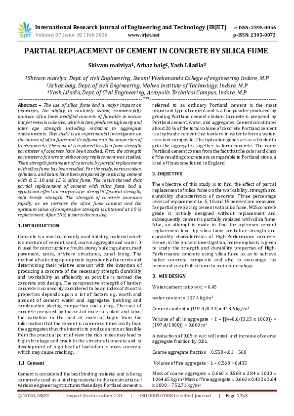 (PDF) IRJET- PARTIAL REPLACEMENT OF CEMENT IN CONCRETE BY SILICA FUME