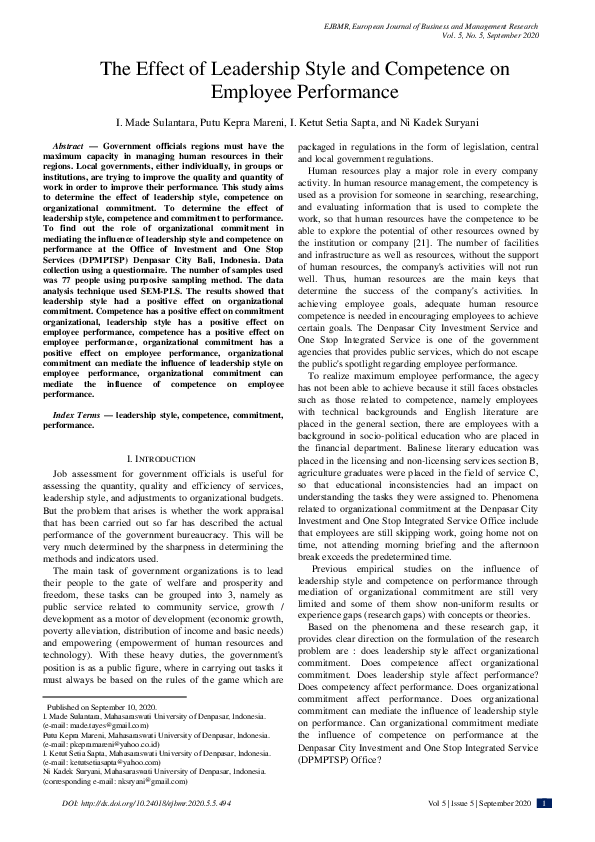 (PDF) The Effect of Leadership Style and Competence on Employee Performance