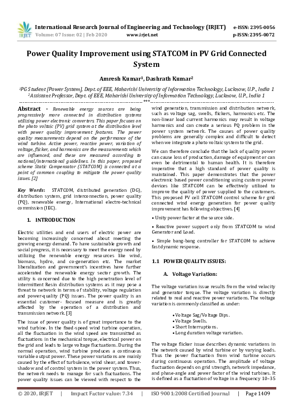 (PDF) IRJET- Power Quality Improvement using STATCOM in PV Grid ...