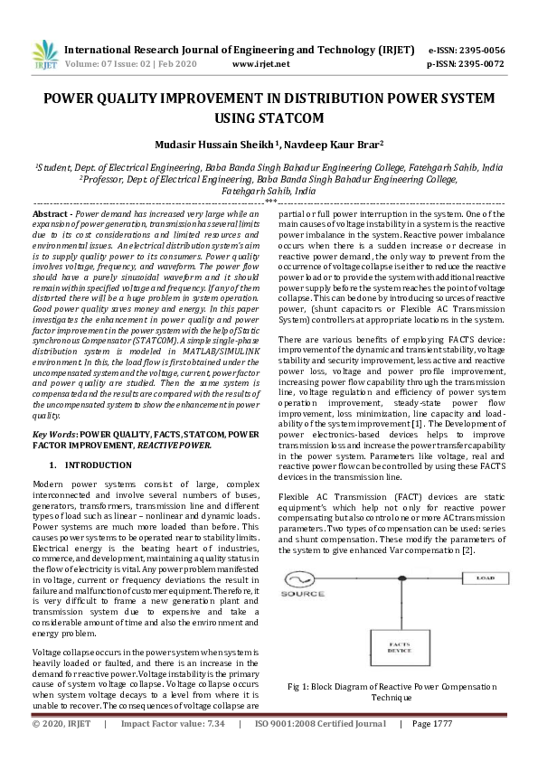 (PDF) IRJET- POWER QUALITY IMPROVEMENT IN DISTRIBUTION POWER SYSTEM ...