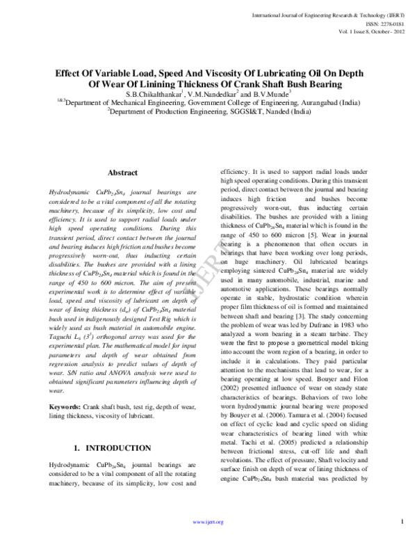(PDF) IJERT-Effect Of Variable Load, Speed And Viscosity Of Lubricating ...