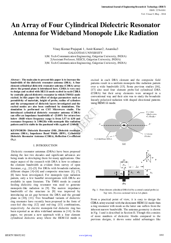(PDF) IJERT-An Array of Four Cylindrical Dielectric Resonator Antenna ...