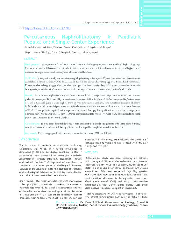 (PDF) Percutaneous Nephrolithotomy in Paediatric Population: A Single ...