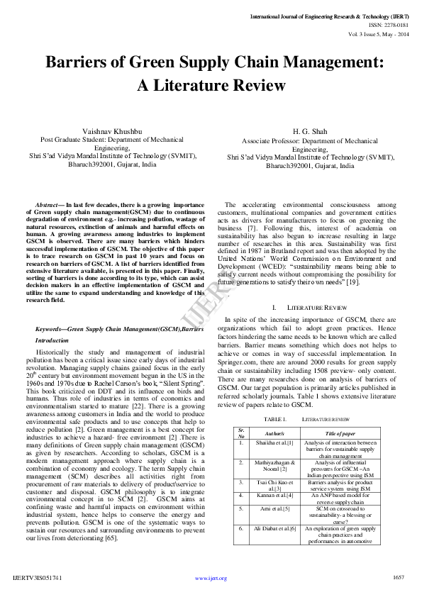 (PDF) IJERTBarriers of Green Supply Chain Management A Literature Review IJERT Journal