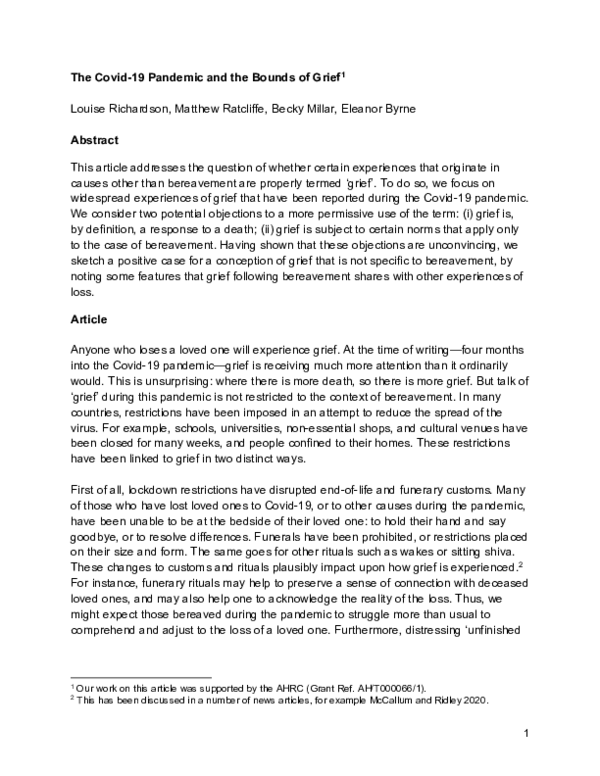 (PDF) The Covid-19 Pandemic and the Bounds of Grief